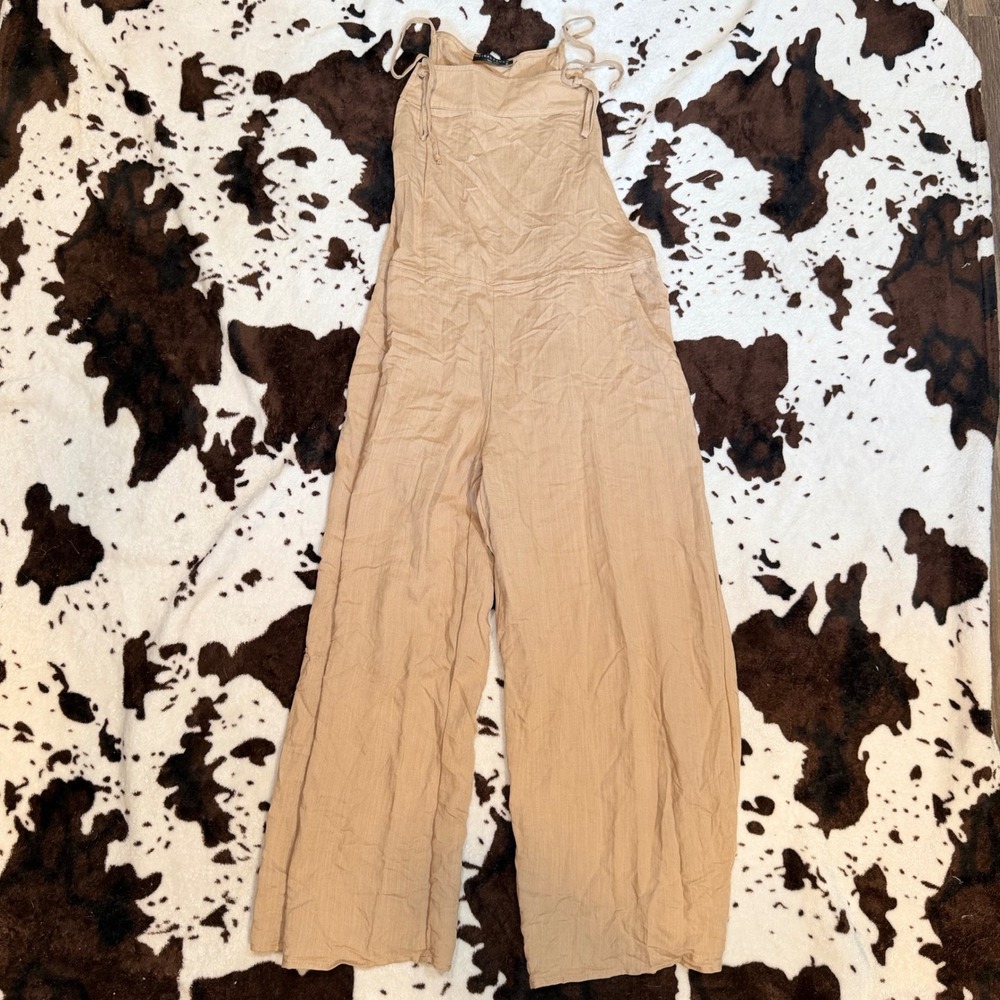 Final Touch Jumpsuit Womens Medium Tan Wide Leg Tie Strap Boho Coastal NJU60285B